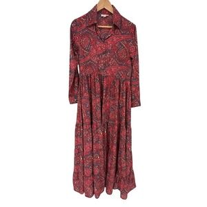 Chaudry Anthropologie Red Paisley Tiered Maxi Dress Long Sleeve Prairie Boho S
